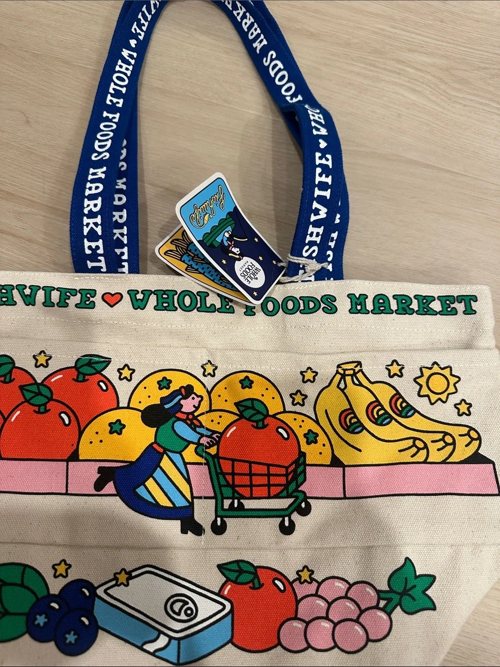 Whole Foods Market x Fishwife Canvas Tote Bag in Natural with Blue Handles